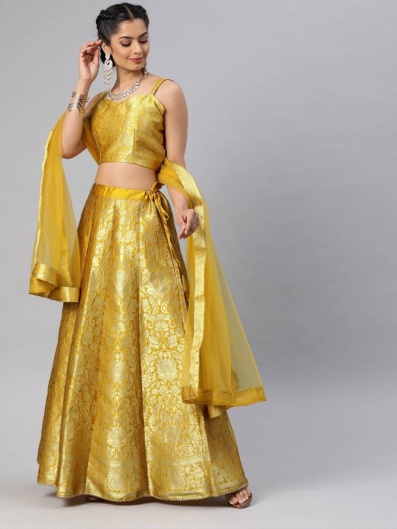 Mustard Yellow & Golden Woven Silk Blend  Semi Stitched Lehenga & Unstitched Blouse with Dupatta