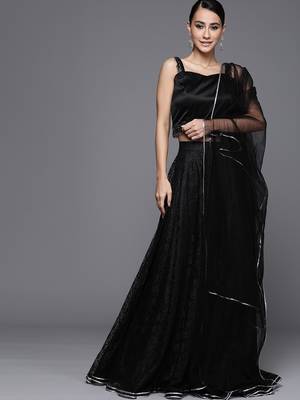 Black Beads and Stones Net Semi Stitched Lehenga & Unstitched Blouse With Dupatta 1