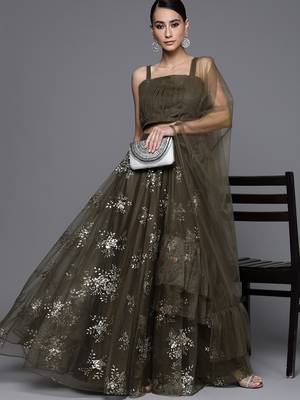 Olive Green Sequinned Net Semi Stitched Lehenga & Unstitched Blouse With Dupatta 1