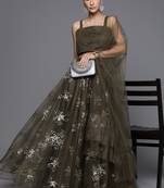 Olive Green Sequinned Net Semi Stitched Lehenga & Unstitched Blouse With Dupatta