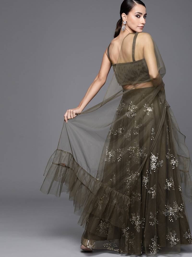 Olive Green Sequinned Net Semi Stitched Lehenga & Unstitched Blouse With Dupatta