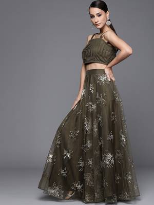 Olive Green Sequinned Net Semi Stitched Lehenga & Unstitched Blouse With Dupatta 3