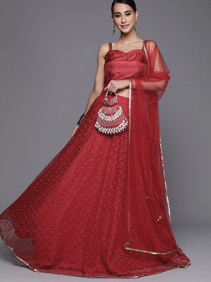 Maroon Self Designed Net Semi Stitched Lehenga & Unstitched Blouse With Dupatta 1