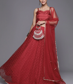 Maroon Self Designed Net Semi Stitched Lehenga & Unstitched Blouse With Dupatta