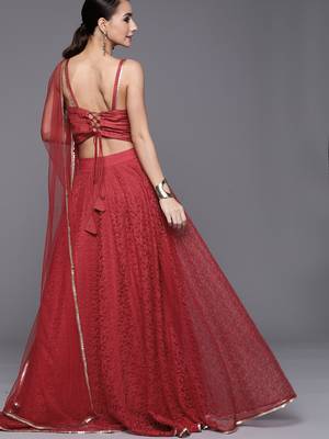 Maroon Self Designed Net Semi Stitched Lehenga & Unstitched Blouse With Dupatta 2