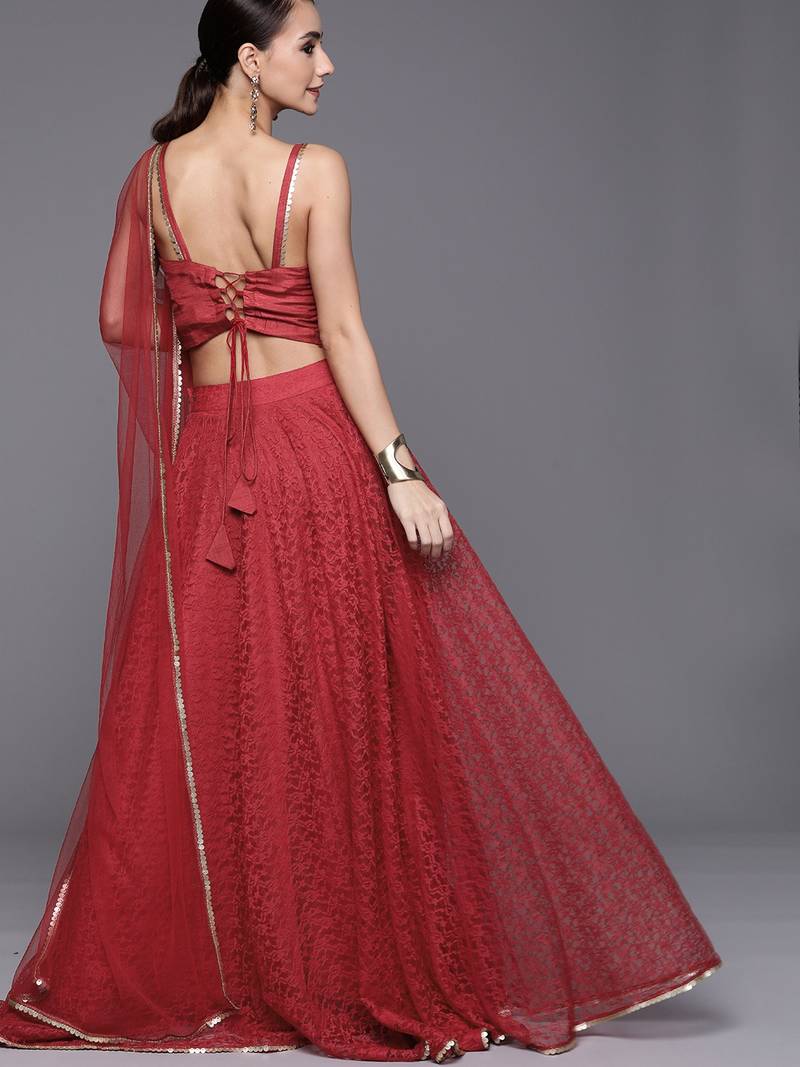 Maroon Self Designed Net Semi Stitched Lehenga & Unstitched Blouse With Dupatta