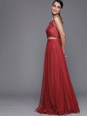 Maroon Self Designed Net Semi Stitched Lehenga & Unstitched Blouse With Dupatta 3