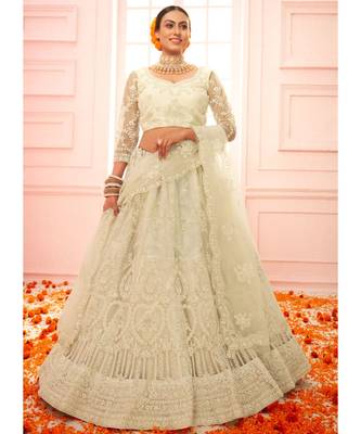 Splendid White Embroidered Net Lehenga Choli 1