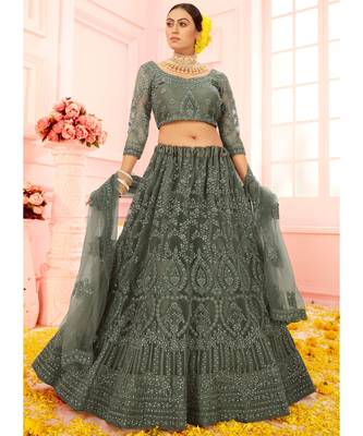 Dark Grey Embroidered Net Lehenga Choli 1