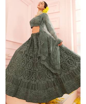 Dark Grey Embroidered Net Lehenga Choli 2