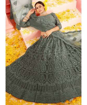 Dark Grey Embroidered Net Lehenga Choli 3