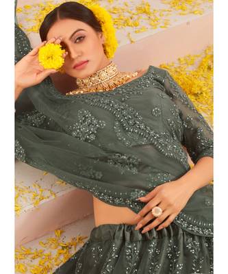 Dark Grey Embroidered Net Lehenga Choli 4