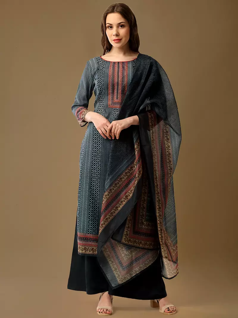 Navy blue digital print silk blend salwar