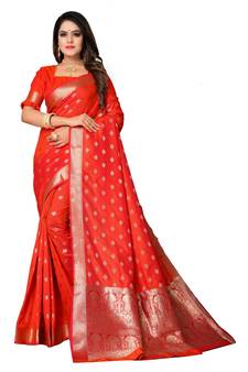 Orange woven silk blend saree with blouse