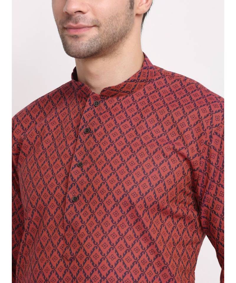 Men Cotton Printed Red Kurta with Pyjamas
