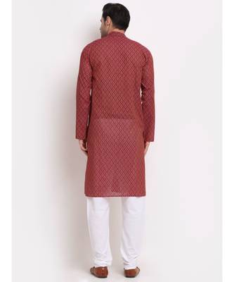 Men Cotton Printed Red Kurta with Pyjamas 5