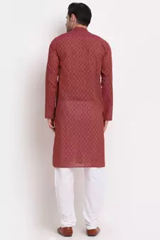 Men Cotton Printed Red Kurta with Pyjamas