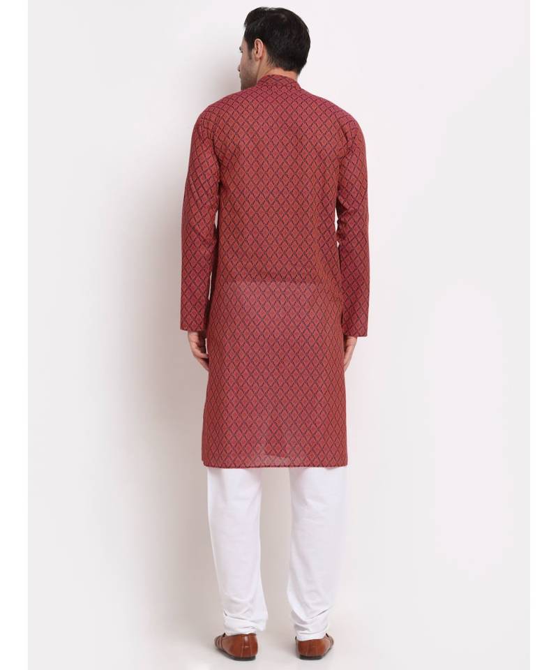 Men Cotton Printed Red Kurta with Pyjamas