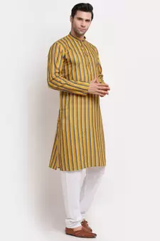 Men Cotton Stripped Mustrad Kurta with Pyjamas