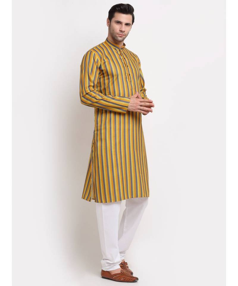 Men Cotton Stripped Mustrad Kurta with Pyjamas
