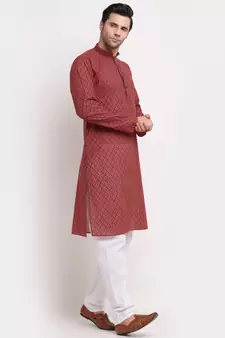 Men Cotton Printed Red Kurta with Pyjamas
