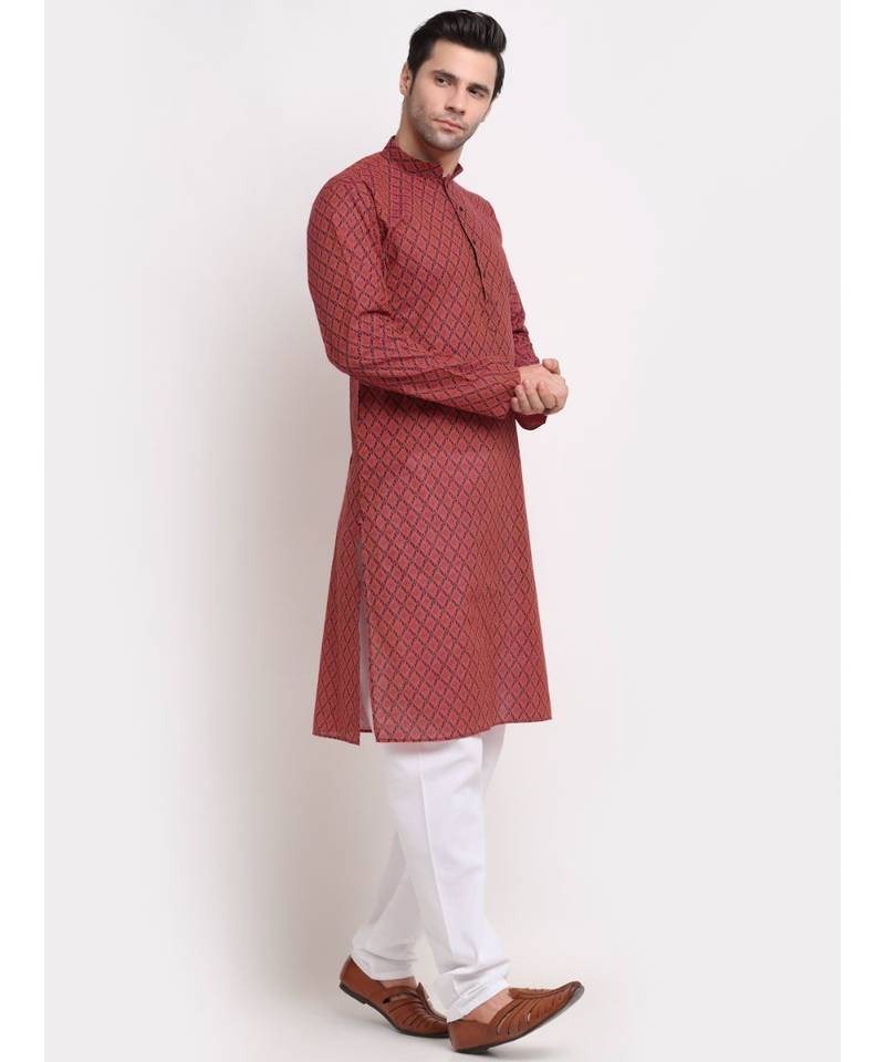 Men Cotton Printed Red Kurta with Pyjamas