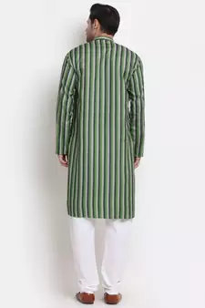 Men Cotton Stripped Green Kurta with Pyjamas