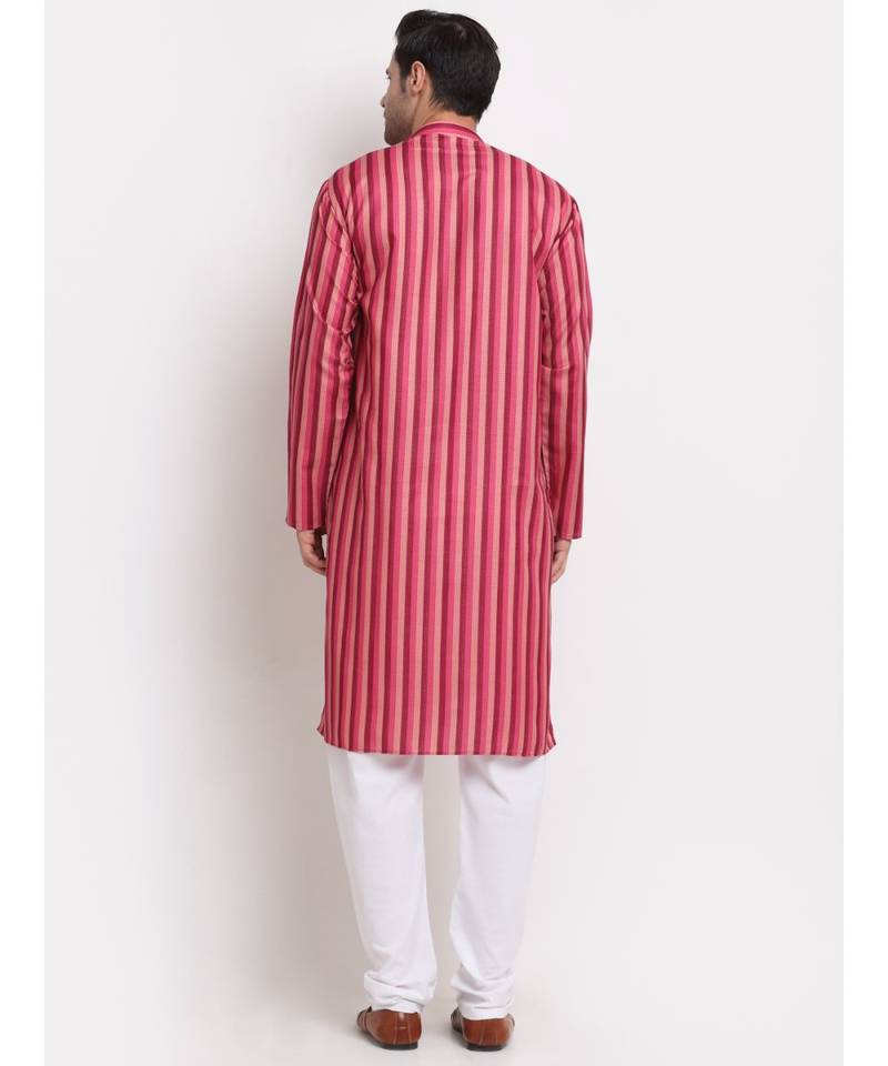 Men Cotton Stripped Pink Kurta with Pyjamas
