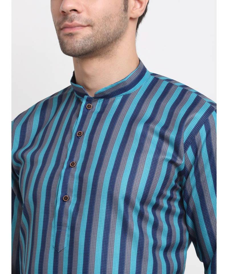 Men Cotton Stripped Blue Kurta with Pyjamas