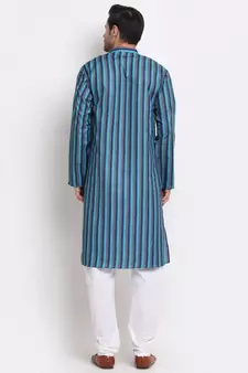 Men Cotton Stripped Blue Kurta with Pyjamas