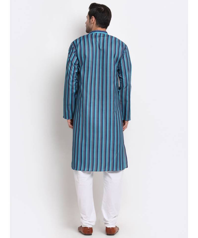 Men Cotton Stripped Blue Kurta with Pyjamas