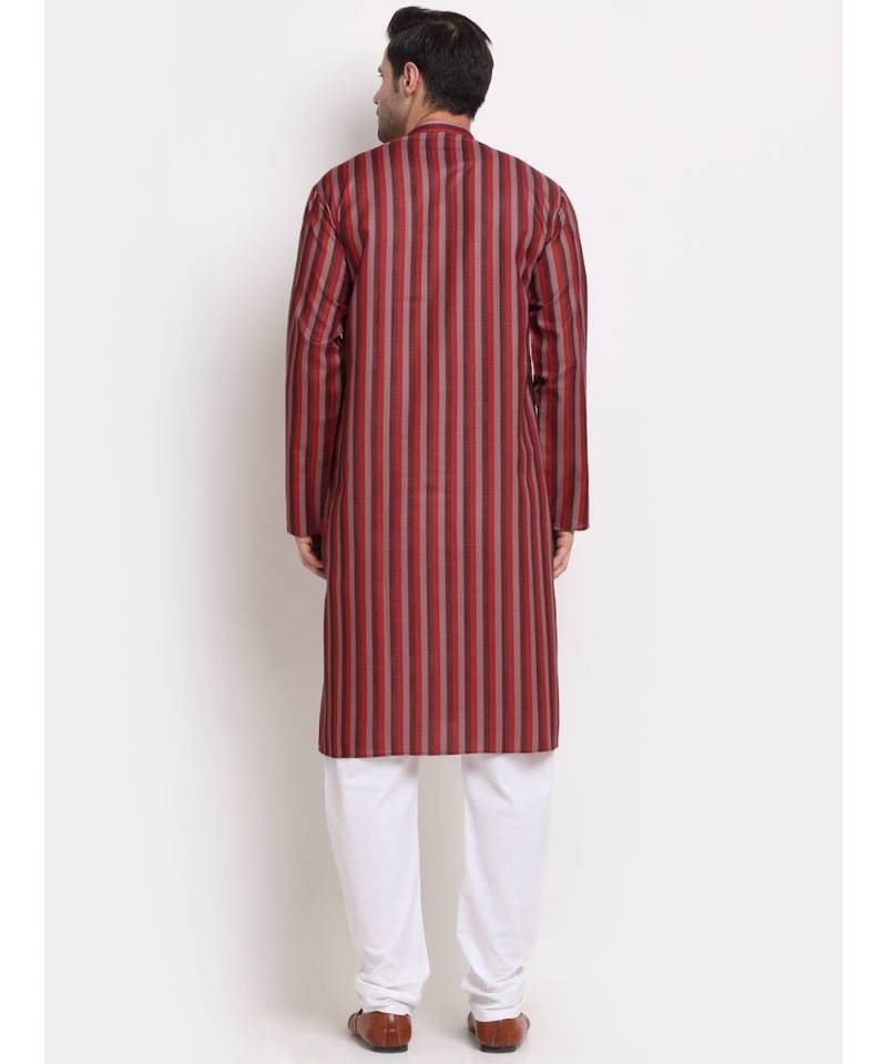 Men Cotton Stripped Red Kurta with Pyjamas
