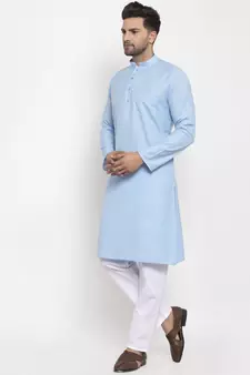 Men Turquoise Blue and White Cotton Solid Kurta with Pyjamas