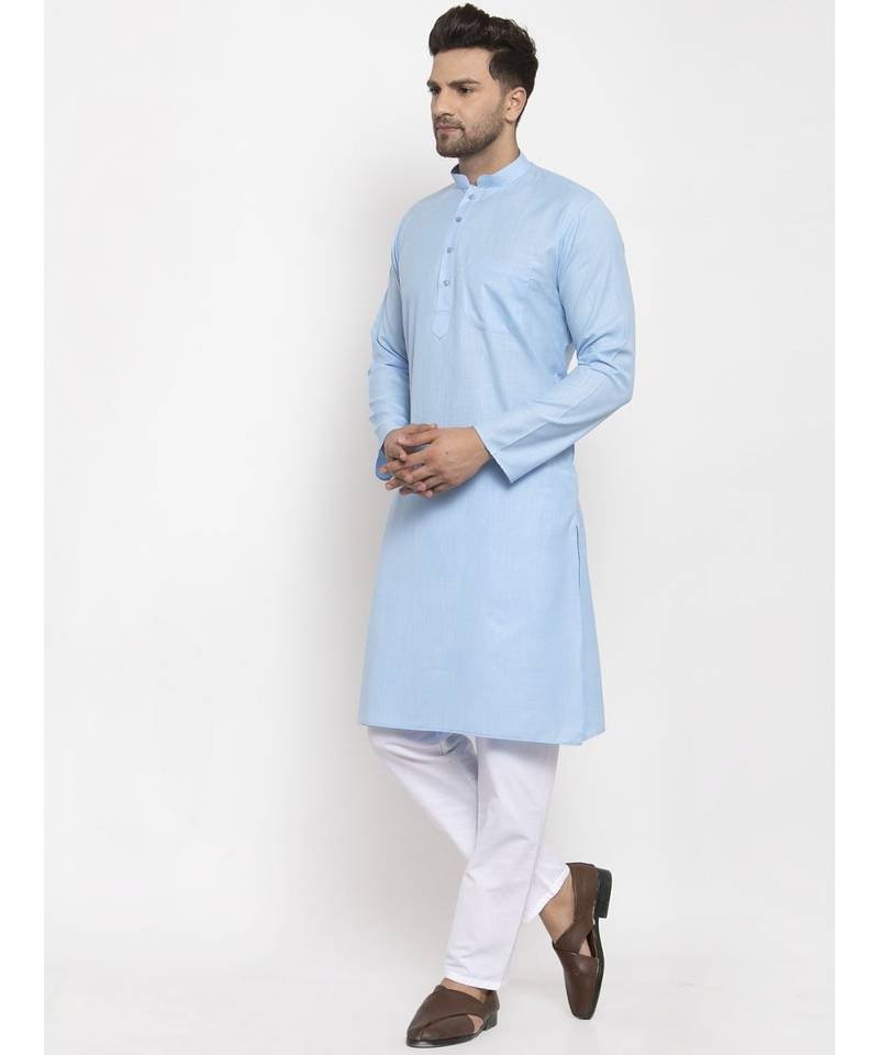 Men Turquoise Blue and White Cotton Solid Kurta with Pyjamas