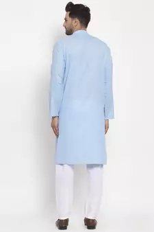 Men Turquoise Blue and White Cotton Solid Kurta with Pyjamas
