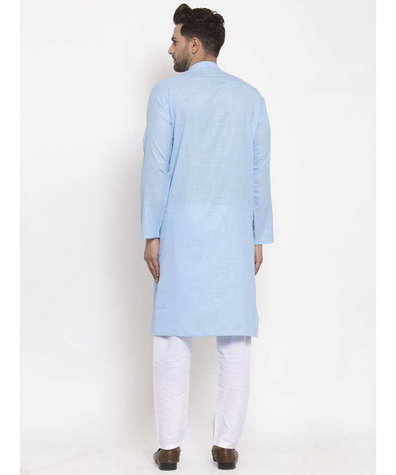 Men Turquoise Blue and White Cotton Solid Kurta with Pyjamas