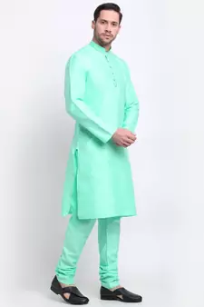 Men Silk Green Kurta & Churidar Set