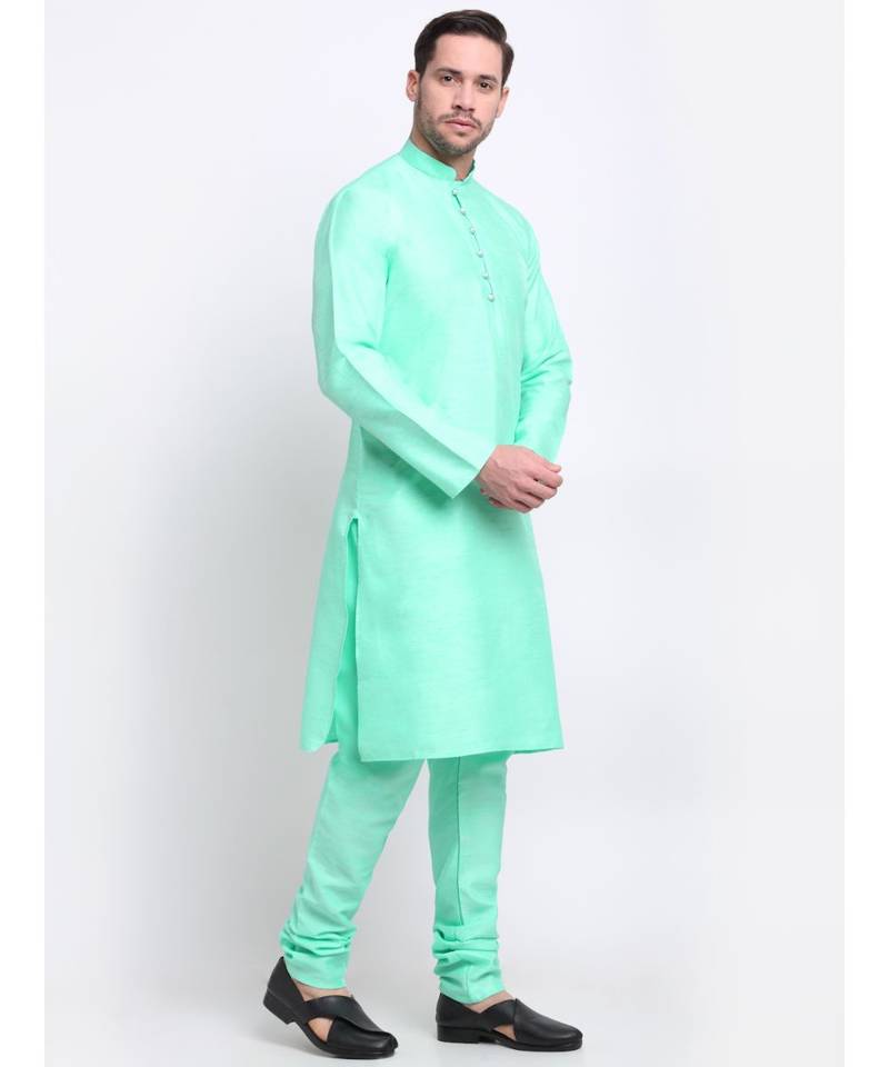 Men Silk Green Kurta & Churidar Set