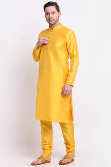 Yellow Silk Plain Kurta and Churidar Set 