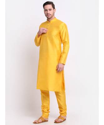 Yellow Silk Plain Kurta and Churidar Set  1