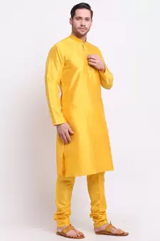 Yellow Silk Plain Kurta and Churidar Set 