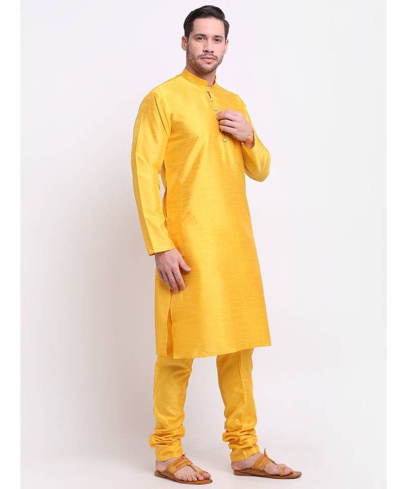 Yellow Silk Plain Kurta and Churidar Set 
