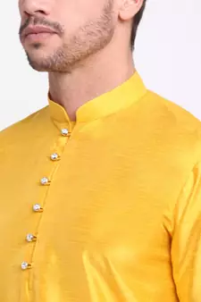 Yellow Silk Plain Kurta and Churidar Set 