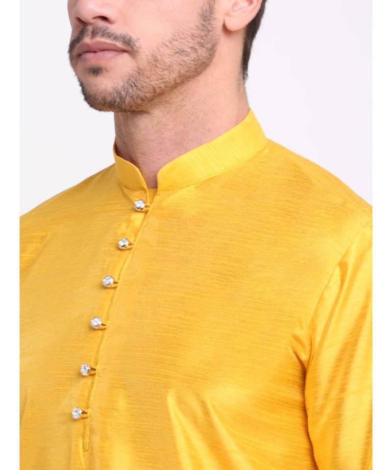 Yellow Silk Plain Kurta and Churidar Set 