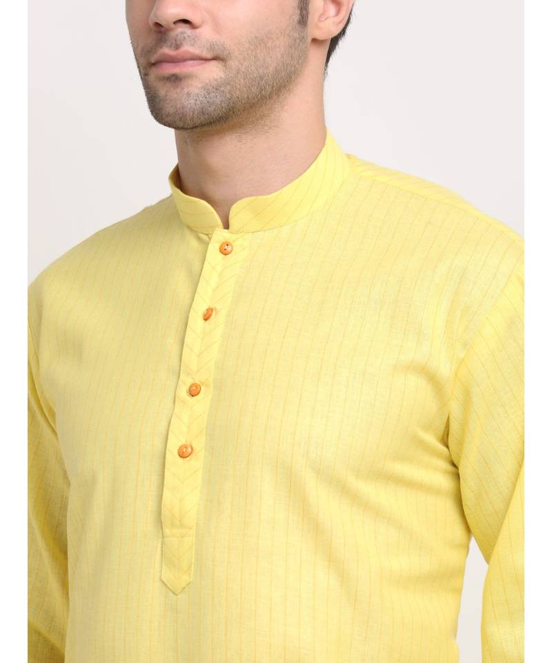 Men Cotton Striped Yellow Kurta with Pyjamas