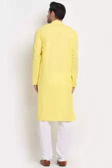 Men Cotton Striped Yellow Kurta with Pyjamas