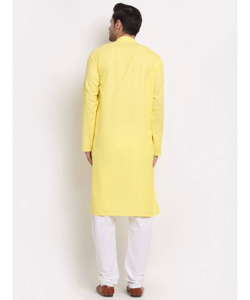 Men Cotton Striped Yellow Kurta with Pyjamas