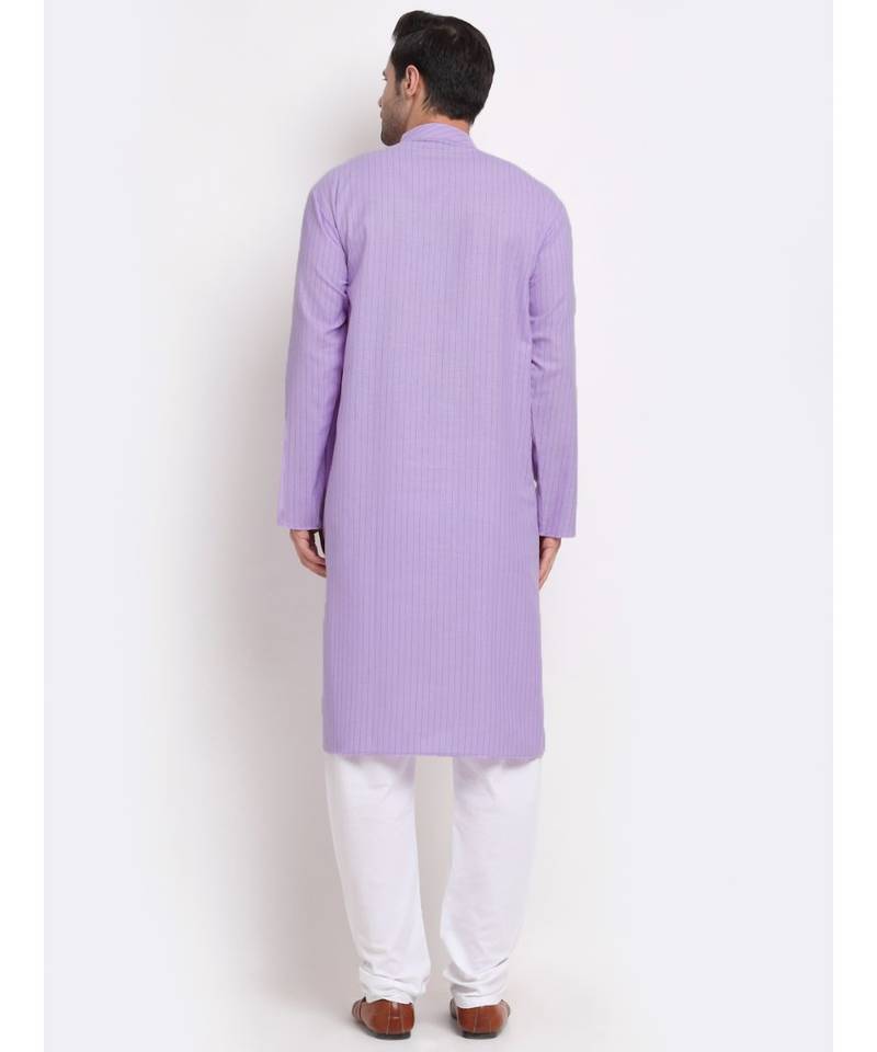 Men Cotton Striped Purple Kurta with Pyjamas