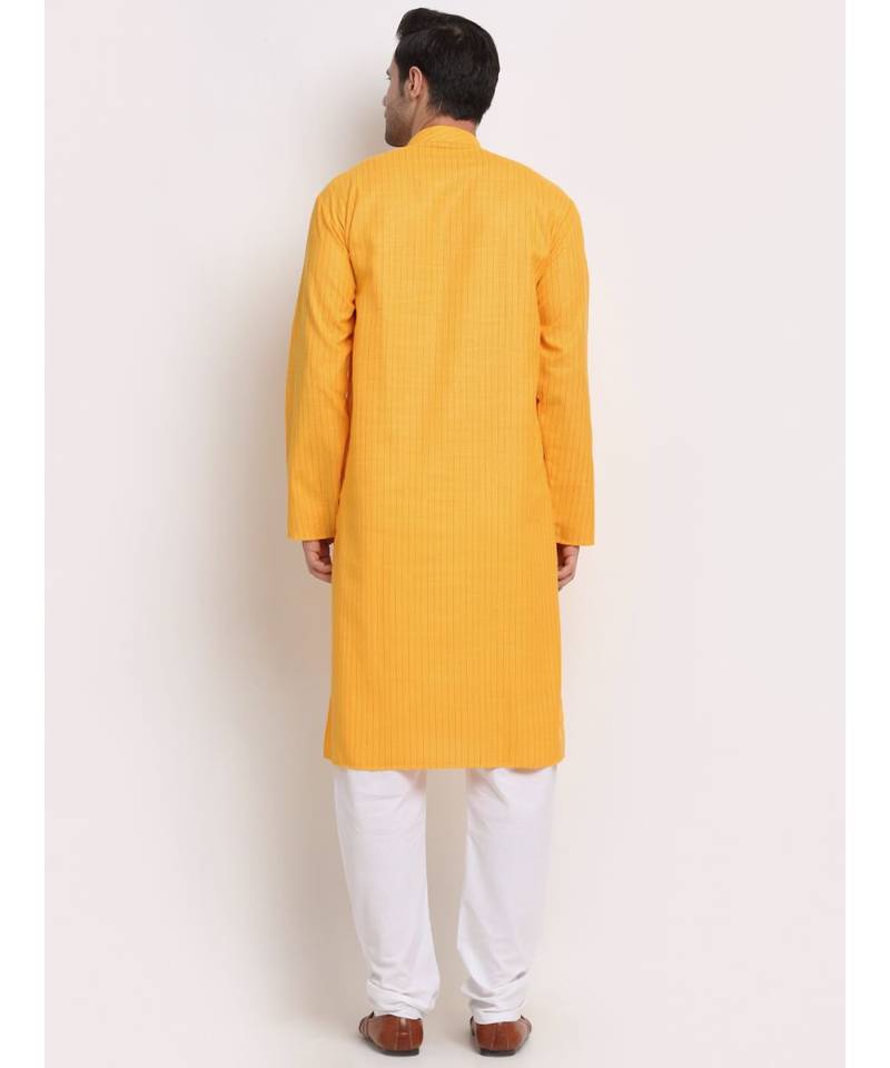 Men Cotton Striped yellow Kurta with Pyjamas