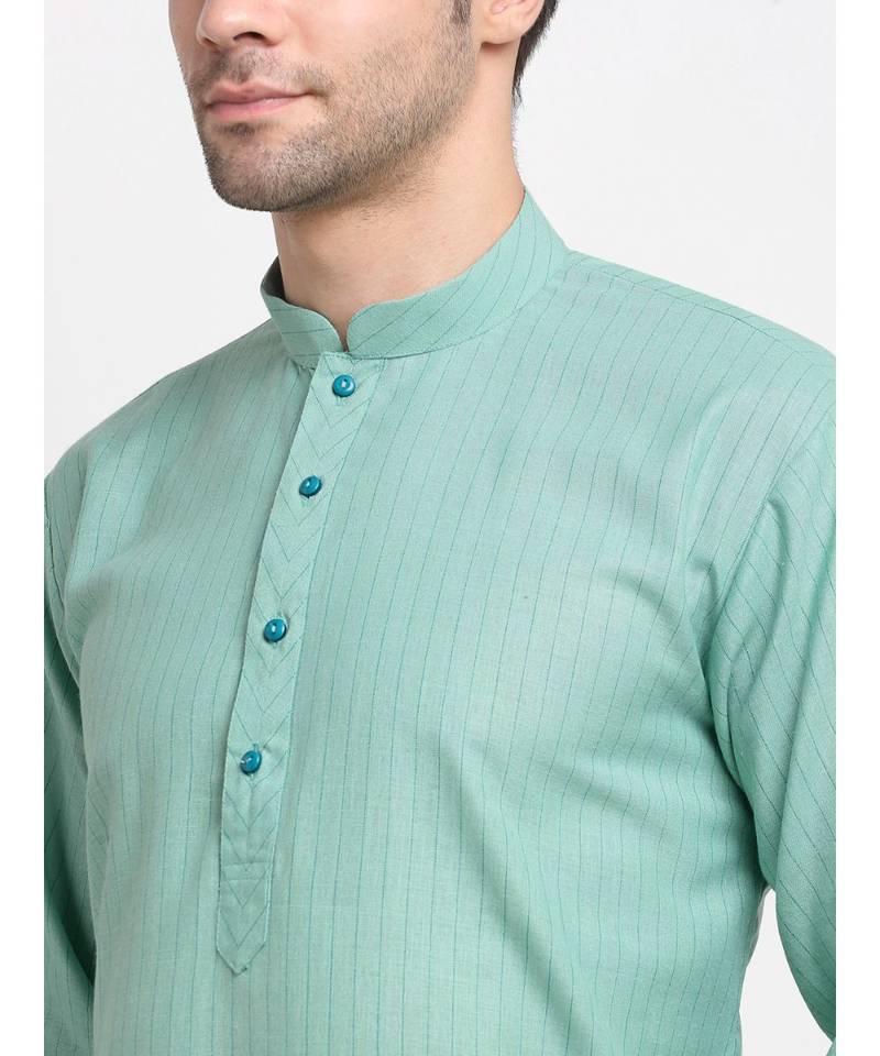 Men Cotton Striped Sea Green Kurta with Pyjamas